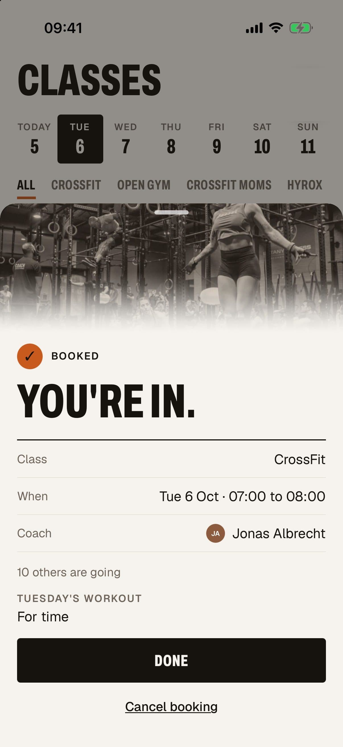 Volta app booking confirmation: You're in, class, time and coach