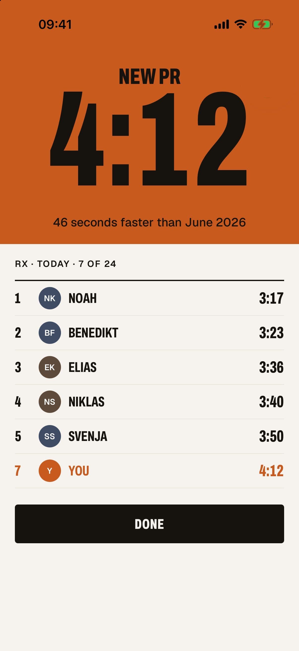 Volta app personal best screen in orange with the time and leaderboard
