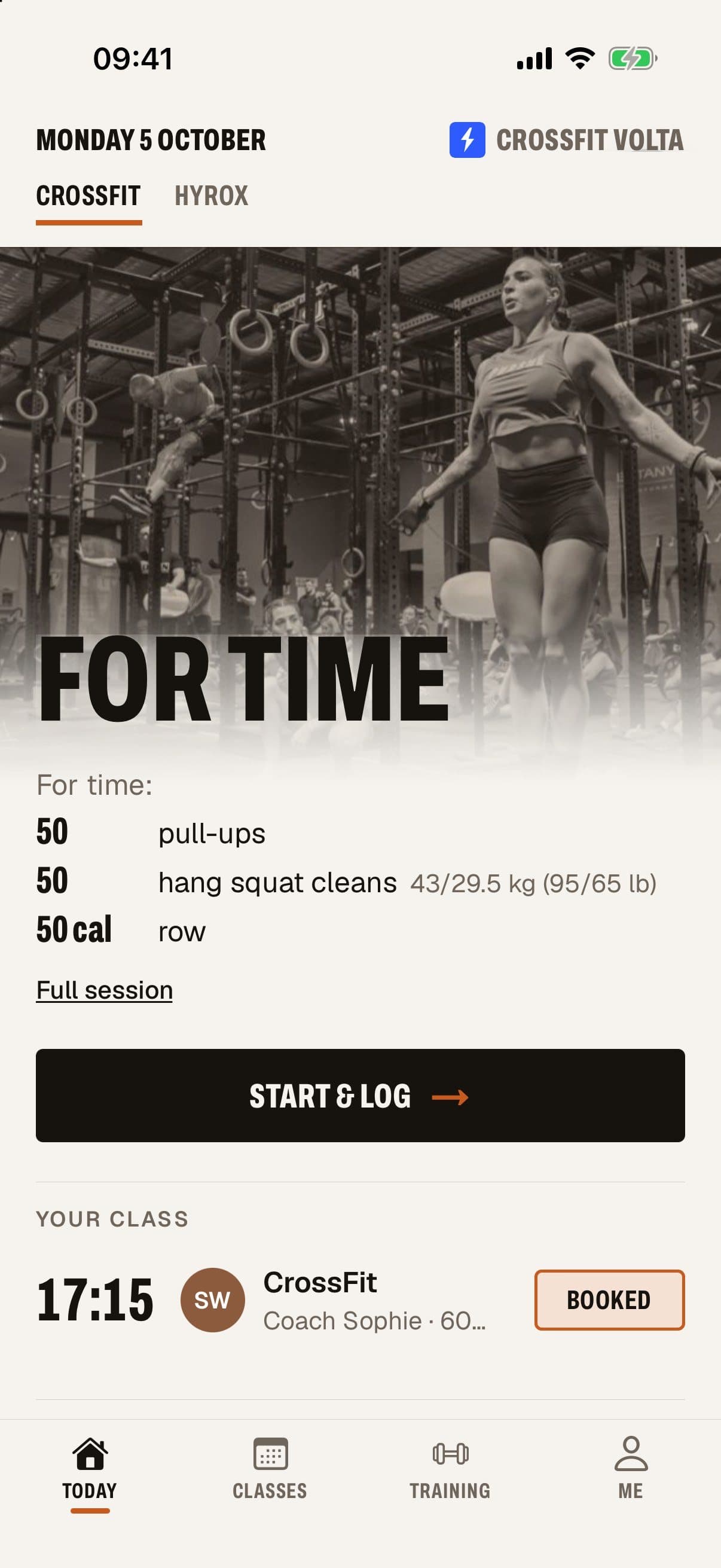 Volta app Today screen: For time, movement list, Start and log, booked class
