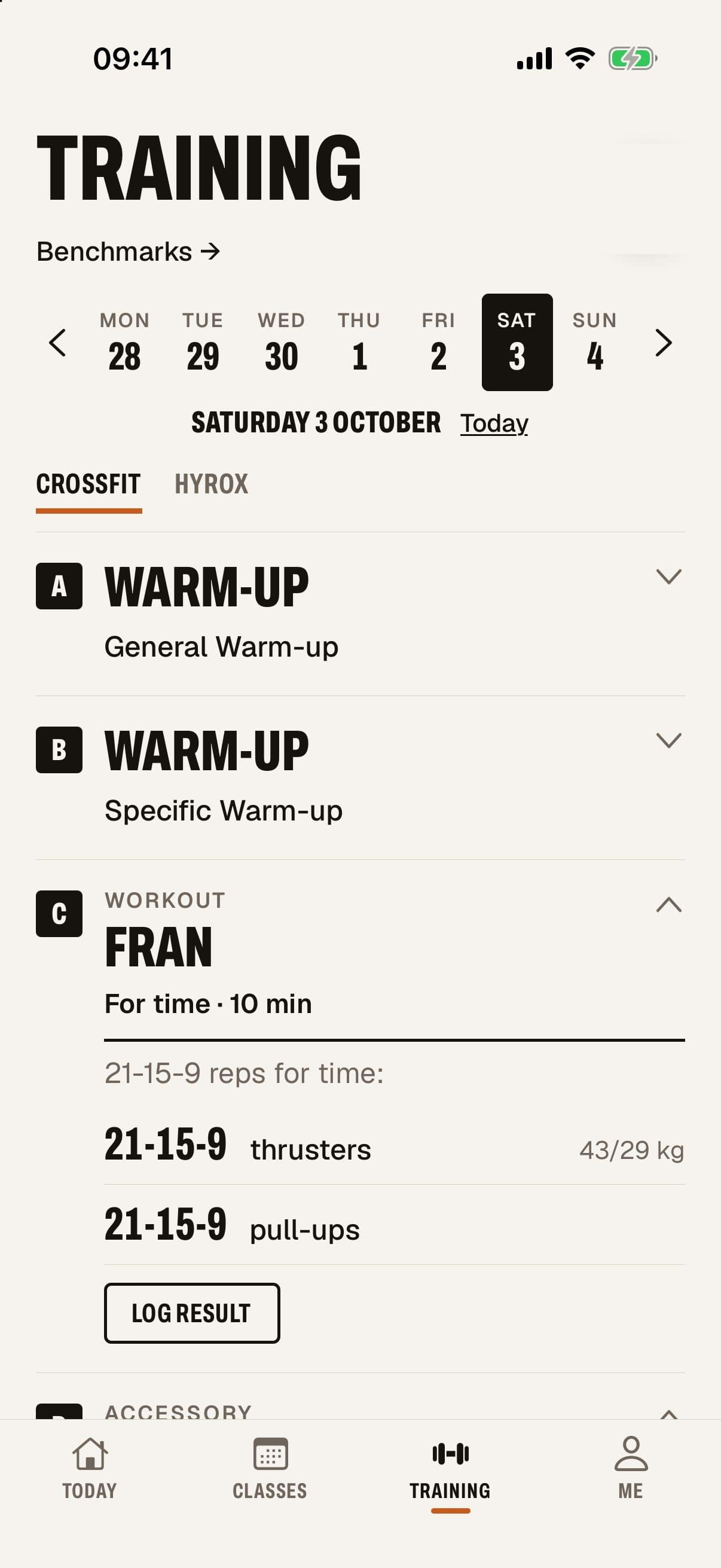 Volta app Training screen: the session as A, B, C blocks with Fran as the workout