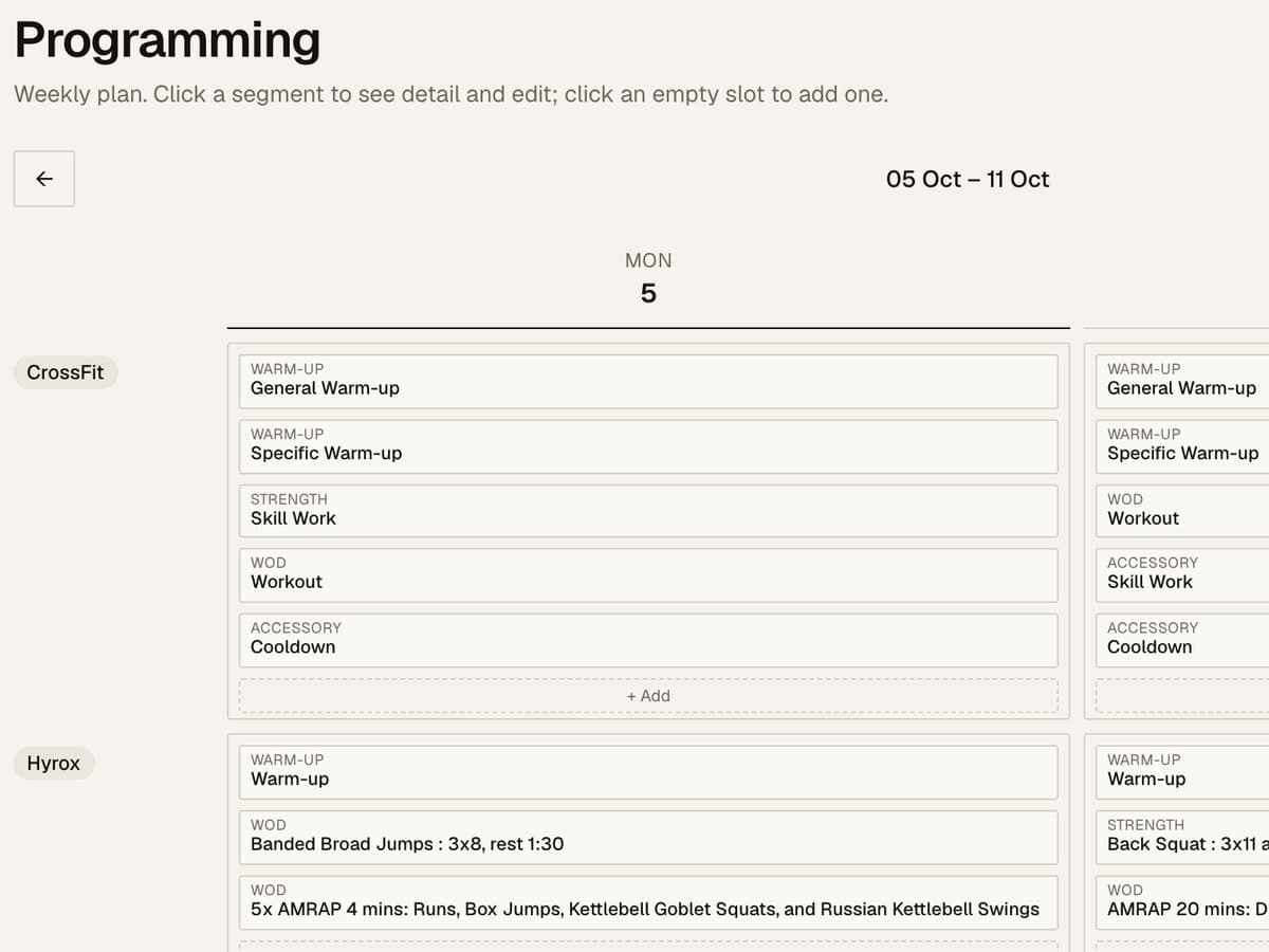Volta dashboard programming day with CrossFit and Hyrox workouts