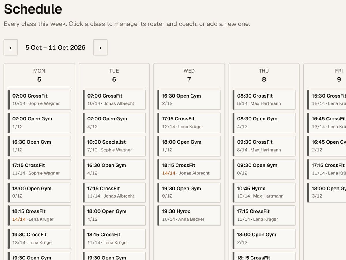 Volta dashboard week schedule with CrossFit, Hyrox and Open Gym classes